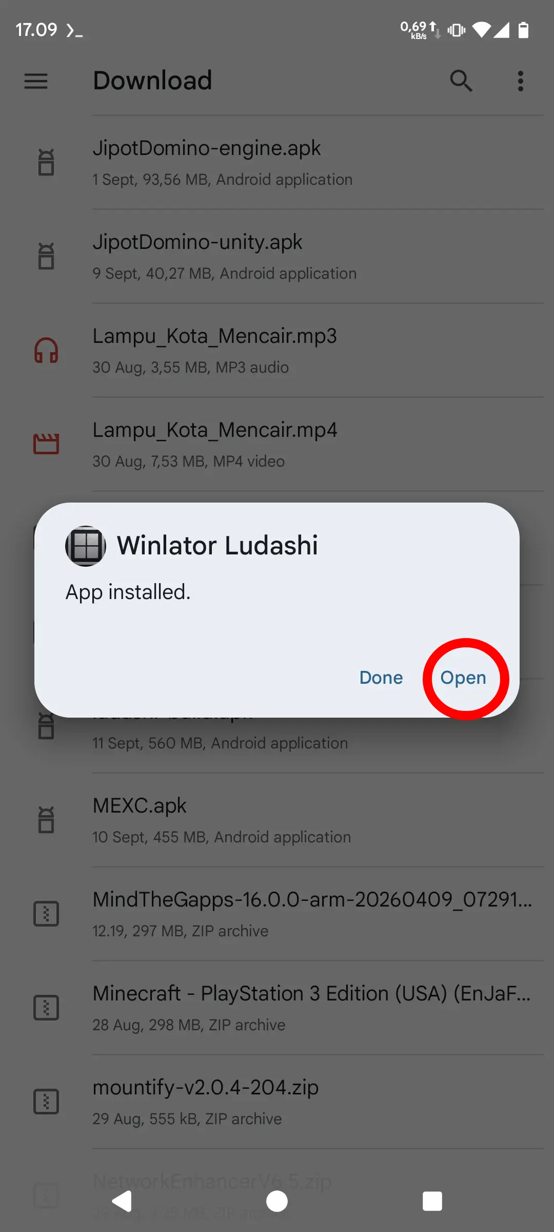 Android confirms that Winlator Ludashi was installed