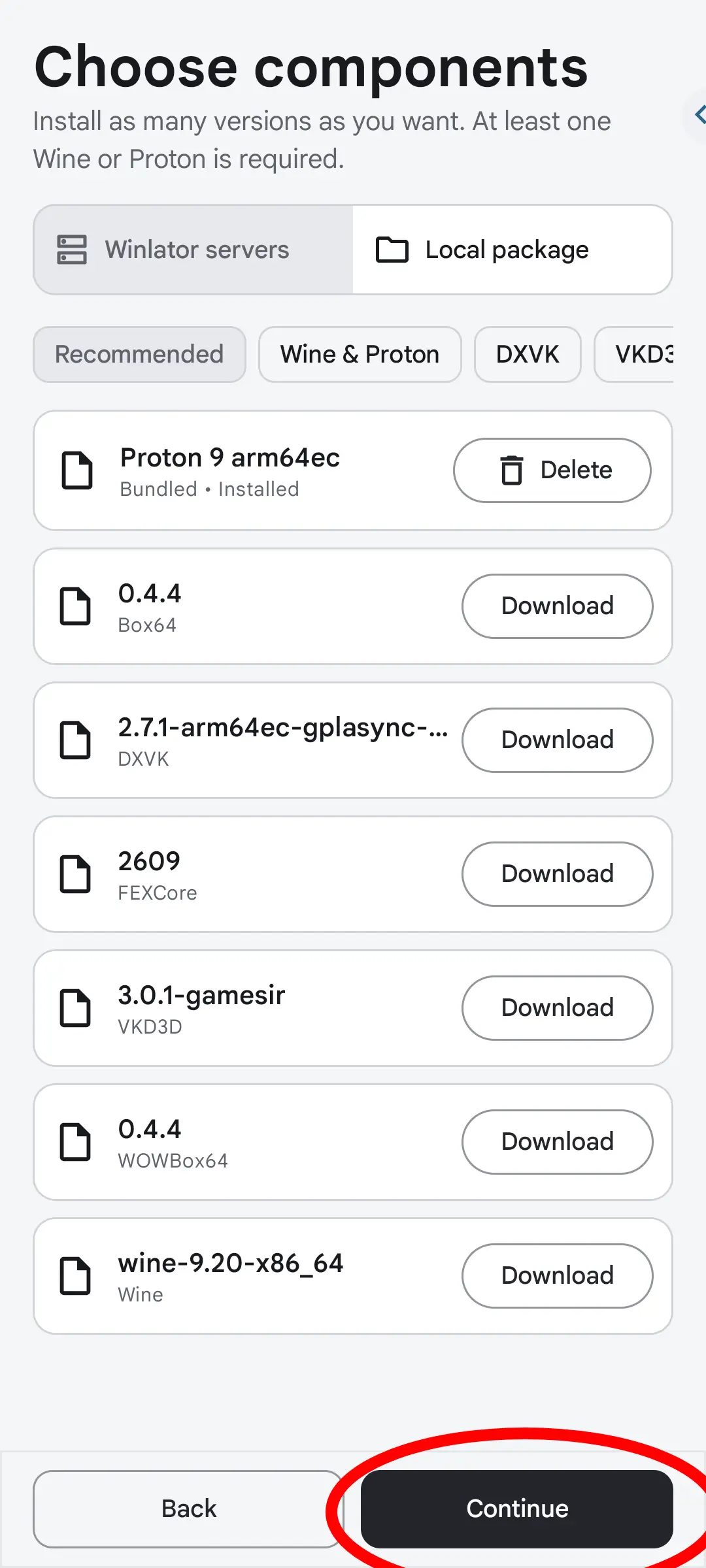 Runtime component selection for Wine Proton Box64 DXVK and VKD3D