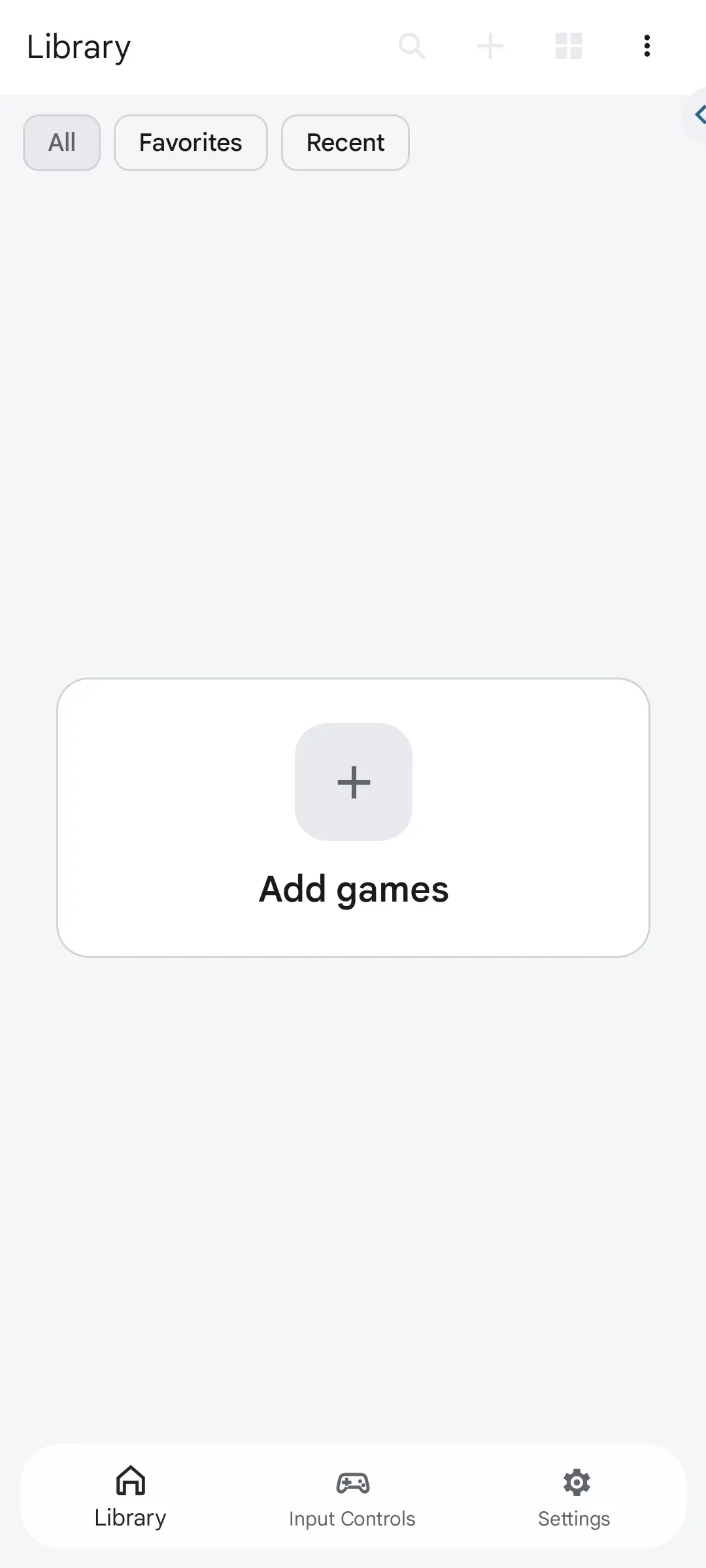 Add games button on the Winlator Ludashi Library screen
